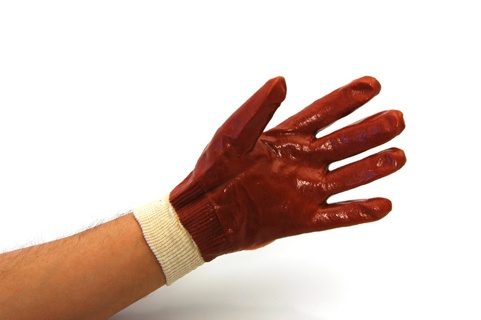 PVC glove, red, fully coated, tricot cuff.