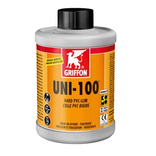 Griffon UNI-100 Fast, thixotropic rigid PVC cement. Bottle 1L with pipe brush.